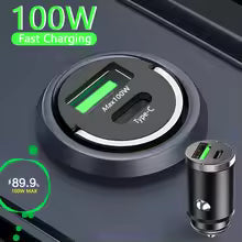 100W mini car charger with USB-A and USB Type-C ports, plugs into the cigarette lighter socket.