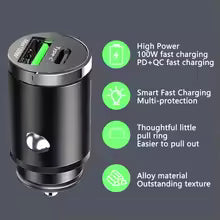 100W mini car charger with USB-A and USB Type-C ports, plugs into the cigarette lighter socket.