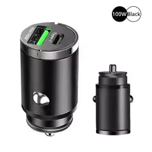 100W mini car charger with USB-A and USB Type-C ports, plugs into the cigarette lighter socket.