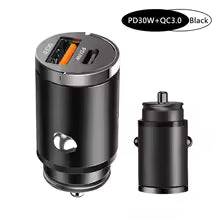 100W mini car charger with USB-A and USB Type-C ports, plugs into the cigarette lighter socket.