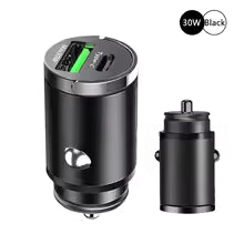 100W mini car charger with USB-A and USB Type-C ports, plugs into the cigarette lighter socket.